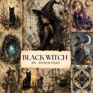Könnte beinhalten: Eine Sammlung von 105 Tagebuchseiten mit dem Titel BLACK WITCH, die Illustrationen von Hexen mit spitzen Hüten, schwarzen Katzen, violetten Kerzen, Kristallen, Mondsicheln, verzierten Schlüsseln, Kesseln und botanischen Elementen im Vintage-Stil zeigen.