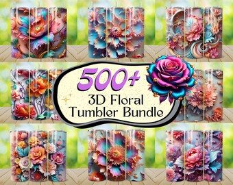 May include: A collection of floral-themed tumblers with various designs. The tumblers feature vibrant 3D floral patterns in shades of pink, blue, orange, and purple. The text "500+ 3D Floral Tumbler Bundle" is displayed in the center.