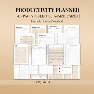 May include: A beige and white productivity planner with various templates, including order, quarterly, and saving trackers. The planner includes 45+ pages, is available in US Letter and A4 sizes, and is instantly downloadable.