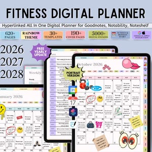 May include: Digital fitness planner with a rainbow theme, featuring 620+ pages, 30+ templates, and 190+ cover pages. Includes digital stickers and Google & Apple integration. Calendars for 2026, 2027, and 2028 are shown.