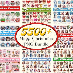 Op de afbeelding: Een verzameling PNG-afbeeldingen met kerstthema, waaronder ornamenten, strikken, sneeuwmannen, honden en kabouters. De afbeelding bevat de tekst "5500+ Mega Christmas PNG Bundle" in een gele letter.