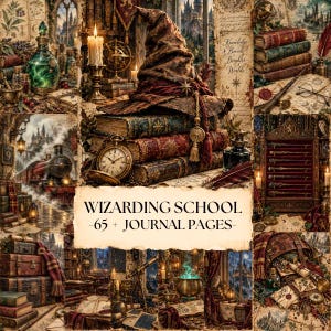May include: A digital collage of wizarding school journal pages featuring a pointed hat, stacked antique books, a pocket watch, a steam train, potion bottles, a wand display, and a cauldron. The text reads WIZARDING SCHOOL -65 + JOURNAL PAGES-.