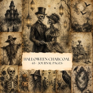 May include: A collection of charcoal-style Halloween journal pages featuring illustrations of skeletons in formal attire, a scarecrow, a haunted mansion, bats, pumpkins, a witch, a raven, and a mirror. The text reads HALLOWEEN CHARCOAL - 65 + JOURNAL PAGES -.