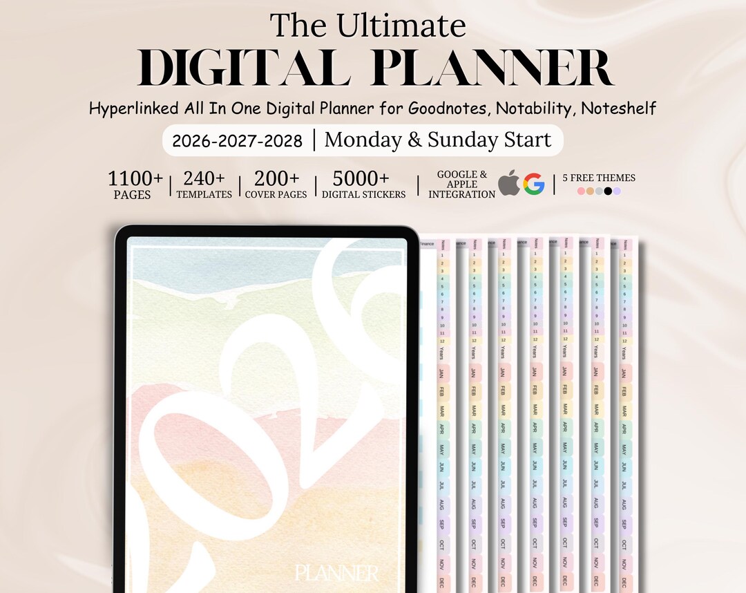 New 2026 2027 2028 All in One Digital Planner, Goodnotes Planner ...