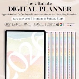 May include: Digital planner with the text "The Ultimate DIGITAL PLANNER". The planner is for Goodnotes, Notability, and Noteshelf. It includes 1100+ pages, 240+ templates, 200+ cover pages, and 5000+ digital stickers. It has Google & Apple integration.