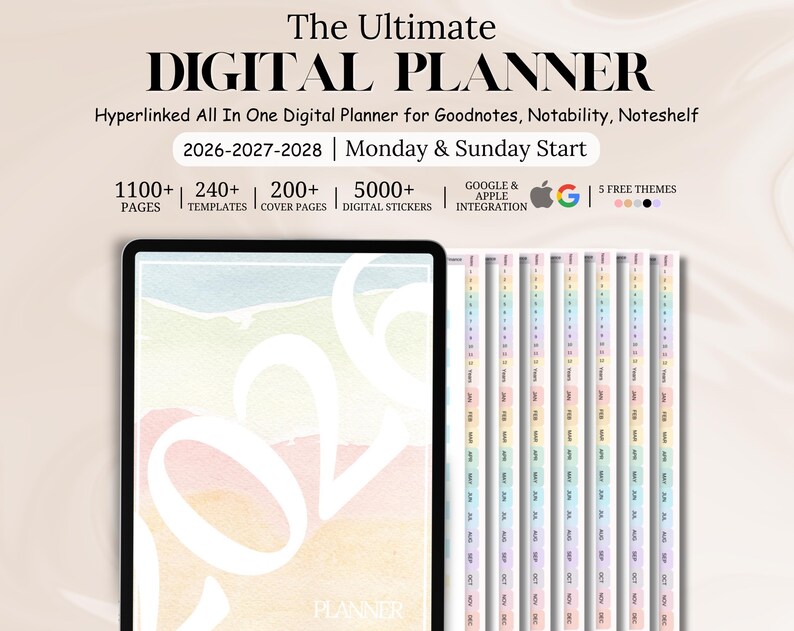 New 2026 2027 2028 All in One Digital Planner, Goodnotes Planner ...
