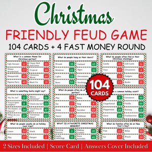 May include: A Christmas-themed Friendly Feud game with 104 cards and 4 fast money rounds. The game includes a score card and answer cover. The design features red, green, and white text on a white background.