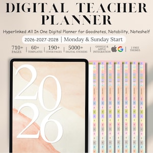 以下が含まれることがあります： 「DIGITAL TEACHER PLANNER」の文字が上部にあるデジタル教師用プランナー。Goodnotes、Notability、Noteshelfに対応。710ページ以上、60以上のテンプレート、190以上の表紙、5000以上のデジタルステッカーが含まれています。