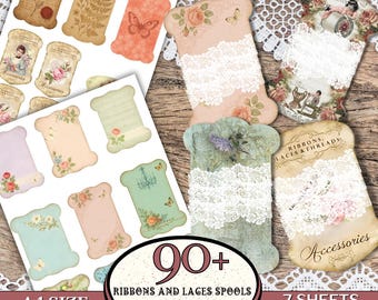 90 + Ribbon and Laces Spools Fussy Cuts, Floral Ribbon Fussy Cuts, Laces Spools Fussy Cuts, Junk Journal Kit, Printable Ephemera, Scrapbook