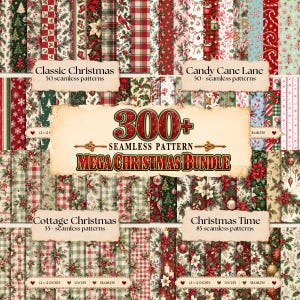 May include: A digital collection of 300+ seamless Christmas patterns featuring red, green, and white designs with motifs like candy canes, holly, poinsettias, and ornaments. The bundle includes Classic Christmas, Candy Cane Lane, Cottage Christmas, and Christmas Time sets, each with specific pattern counts and 30.48x30.48 cm dimensions.