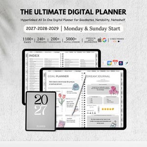 May include: A digital planner set for 2027-2029 featuring an index, goal planner, and dream journal. The display shows 1100+ pages, 240+ templates, 200+ covers, and 5000+ stickers. It includes a stylus and is compatible with Goodnotes and Notability.