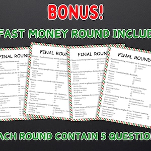 Puede incluir: Cuatro tarjetas de juego con tem&aacute;tica navide&ntilde;a con bordes rojos y verdes. Cada tarjeta presenta una secci&oacute;n "Final Round" con preguntas y respuestas. Las tarjetas est&aacute;n etiquetadas como "Bonus!" y "4 Fast Money Round Included."