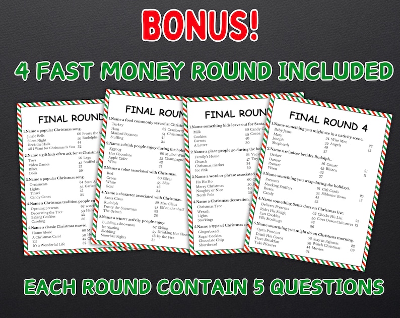 Puede incluir: Cuatro tarjetas de juego con tem&aacute;tica navide&ntilde;a con bordes rojos y verdes. Cada tarjeta presenta una secci&oacute;n "Final Round" con preguntas y respuestas. Las tarjetas est&aacute;n etiquetadas como "Bonus!" y "4 Fast Money Round Included."