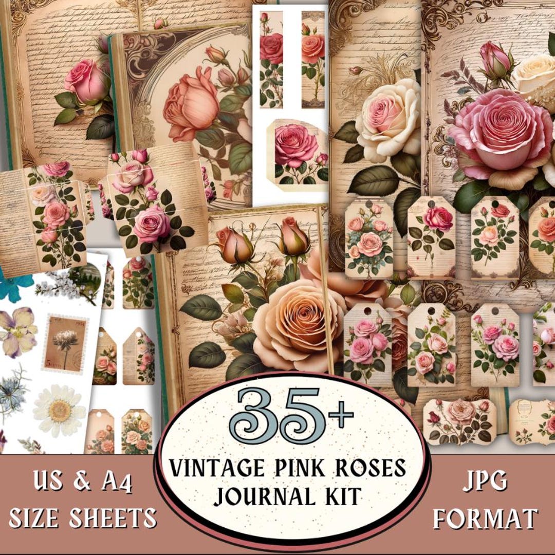 Vintage Pink Roses Junk Journal Kit, Roses Fussy Cuts, Pink Roses Pages ...