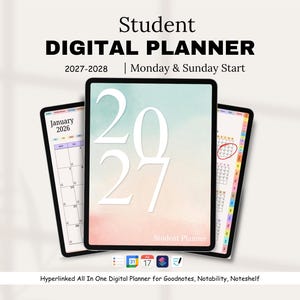 Può includere: Un'agenda digitale per studenti 2027-2028 con opzioni di inizio lunedì e domenica. Lo schermo mostra un tablet con una copertina sfumata ad acquerello con l'anno 2027, insieme a pagine di calendario per gennaio 2026 e altri mesi.