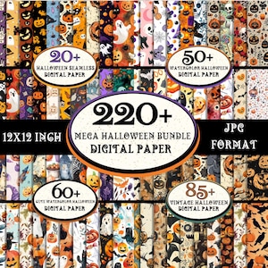 May include: A selection of Halloween digital papers featuring pumpkins, ghosts, and bats. The image showcases several bundles, including a "Mega Halloween Bundle" with over 220 digital papers, in a 30.48 cm x 30.48 cm format.