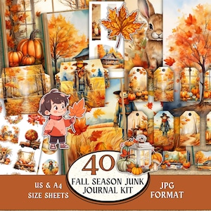 May include: A digital junk journal kit featuring 40 fall-themed sheets with illustrations of pumpkins, autumn trees, a rabbit, a scarecrow, a child holding a leaf, and lanterns. The text reads 40 FALL SEASON JUNK JOURNAL KIT US & A4 SIZE SHEETS.