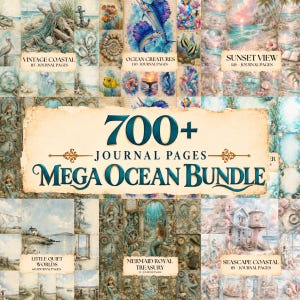 May include: A digital collection of 700+ journal pages titled Mega Ocean Bundle, featuring various ocean-themed illustrations including coastal scenes, sea creatures, mermaids, and sunset views across multiple categorized sets.