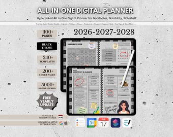 Dark Mode All In One Digital Planner, 2027 2028 2029 Goodnotes Planner, iPad Planner, Daily Weekly Monthly Journal, Google Apple Calendar