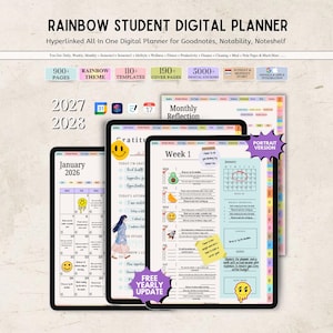 May include: A digital student planner featuring a rainbow theme, 900+ pages, 110+ templates, and 190+ cover pages. The planner includes monthly, weekly, and daily layouts with colorful stickers, icons, and text for 2026, 2027, and 2028. It is compatible with Goodnotes, Notability, and Noteshelf apps.