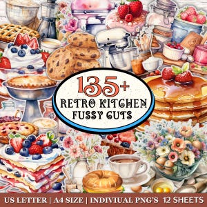 May include: A collage of watercolor illustrations featuring various kitchen and food-related elements. The image includes baked goods, pancakes, berries, and kitchen appliances. Text in the center reads "135+ RETRO KITCHEN FUSSY GUTS".