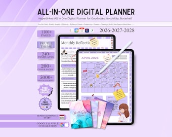 All in One Digital Planner, Hyperlink 2027 2028 2029 Planner, Goodnotes Planner Template, Daily Weekly Monthly Journal,Apple Google Calendar