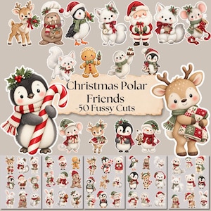 May include: A collection of Christmas-themed stickers featuring various animals like deer, penguins, mice, and a gingerbread man, with the text Christmas Polar Friends - 50 Fussy Cuts. The illustrations include festive accessories like scarves, candy canes, and hats.