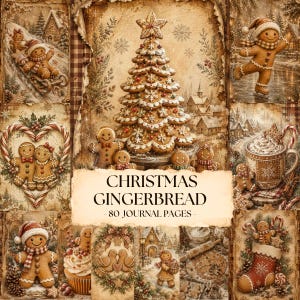 Op de afbeelding: Een verzameling van 80 dagboekpagina's getiteld CHRISTMAS GINGERBREAD, met vintage-stijl illustraties van peperkoekmannetjes, een grote peperkoekkerstboom, besneeuwde dorpsgezichten, zuurstokken en feestelijke kerstversieringen.