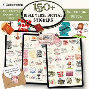 May include: Digital stickers featuring Bible verses and inspirational quotes. The image includes a variety of designs, such as open books, crosses, and floral elements. Text includes "Faith, Hope, Love", "You are Worth it!", and "The Holy Spirit will teach you all things John 14:26".