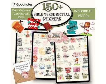 150 + 聖書の一節デジタル ステッカー、聖書研究デジタル ステッカー、聖書要素ステッカー、Goodnotes ステッカー、キリスト教デジタル ステッカー