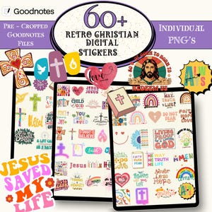 Puede incluir: Pegatinas digitales con temática cristiana retro. La imagen presenta una variedad de pegatinas con cruces, corazones, arcoíris y texto como "Jesus Saved My Life" y "Living Proof God". Las pegatinas están diseñadas para Goodnotes.