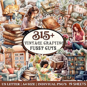 Pode incluir: Uma colagem de ilustrações de tema vintage com pilhas de livros, figuras lendo, gatos e elementos florais. O gráfico central diz "315+ Vintage Crafting Fussy Cuts". A paleta de cores inclui marrons quentes, verdes e pastéis suaves.