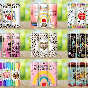 May include: A collection of 20oz insulated tumblers with various teacher-themed designs. The tumblers feature colorful graphics, including apples, pencils, and inspirational quotes. Some have leopard print accents and text like "Teacher Life."