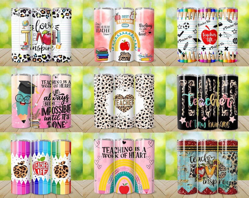 May include: A collection of 20oz insulated tumblers with various teacher-themed designs. The tumblers feature colorful graphics, including apples, pencils, and inspirational quotes. Some have leopard print accents and text like "Teacher Life."
