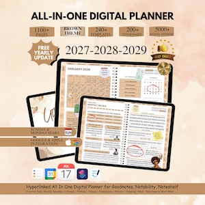 Puede incluir: Una agenda digital todo en uno para 2027-2029 con tema marrón, que incluye más de 1100 páginas, 240 plantillas, 200 portadas y 5000 pegatinas digitales. La agenda incluye revisiones mensuales, tareas diarias y es compatible con Goodnotes, Notability y Noteshelf.