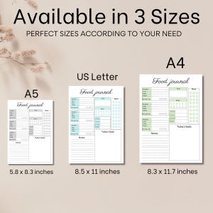 May include: Three sizes of food journals are displayed, labeled A5 (5.8 x 8.3 inches), US Letter (8.5 x 11 inches), and A4 (8.3 x 11.7 inches). Each journal features sections for tracking meals, mood, and goals, with a clean, minimalist design.