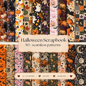 May include: A collection of 50+ seamless Halloween scrapbook patterns featuring pumpkins, black cats, ghosts, candy corn, moons, stars, and floral motifs in orange, black, purple, and white. The text reads Halloween Scrapbook 50+ seamless patterns, 12 x 12 inches, 300 DPI, seamless.