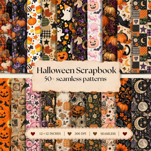 Papel digital para scrapbook de Halloween, abóbora, lua, bruxa, fantasma, papel de parede assustador, padrões fofos de Halloween sem costura, páginas de diário com caveiras.