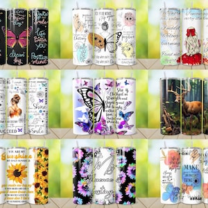 May include: A collection of stainless steel tumblers with various designs. Some feature butterflies, inspirational quotes, and floral patterns. Others showcase a deer in a forest scene and sunflowers. Each tumbler has a straw and a lid.