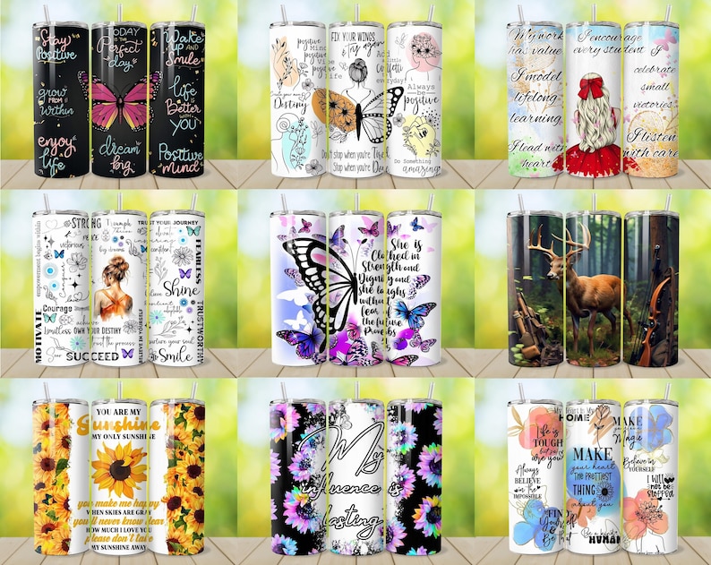 May include: A collection of stainless steel tumblers with various designs. Some feature butterflies, inspirational quotes, and floral patterns. Others showcase a deer in a forest scene and sunflowers. Each tumbler has a straw and a lid.