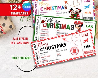 12 + Christmas Boarding Pass Template, Editable Christmas Pass, Christmas Plane Ticket, Christmas Surprise Trip, Christmas Travel Ticket