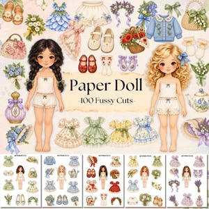 May include: A digital collection of paper dolls and accessories featuring two illustrated dolls, various dresses, shoes, floral bouquets, baskets, and hats. The central text reads Paper Doll 100 Fussy Cuts, with smaller preview sheets displayed at the bottom.