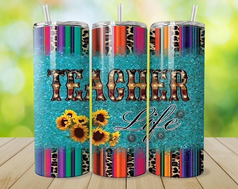 May include: Three 20 oz. stainless steel tumblers with a turquoise glitter background. The tumblers feature the words "TEACHER Life" in a decorative font, sunflowers, and colorful stripes with leopard print accents. Each tumbler has a clear straw.