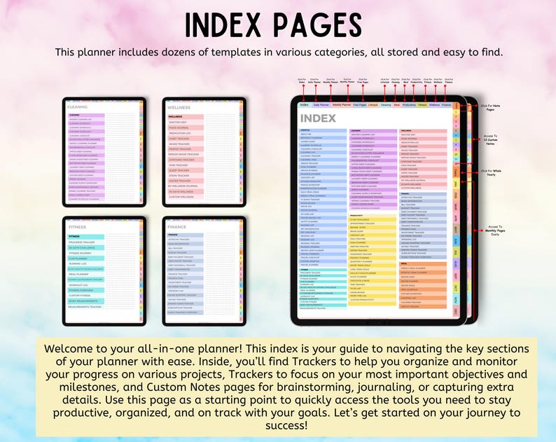 May include: A digital planner interface displaying an index page with multiple categorized sections including cleaning, wellness, fitness, and finance. The layout features color-coded tabs, a main index list, and navigation arrows for quick access.