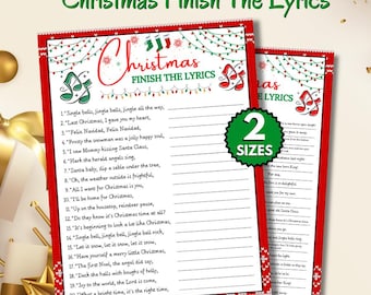May include: A Christmas Finish The Lyrics game sheet featuring a red and white knit-pattern border, green and red text, musical note illustrations, and string lights. The sheet lists twenty song prompts with blank lines for writing answers.