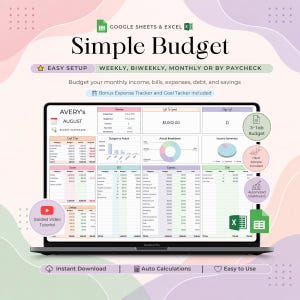 Könnte beinhalten: Eine digitale Budget-Tabellenvorlage für Google Sheets und Excel, die auf einem Laptop-Bildschirm angezeigt wird. Die Benutzeroberfläche enthält Abschnitte für Einnahmen, Rechnungen, Ausgaben, Schulden und Ersparnisse sowie Diagramme zur Budgetübersicht.