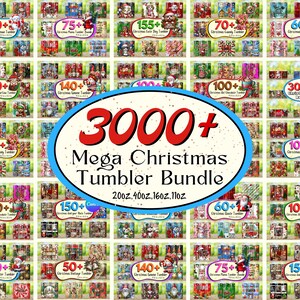 Könnte beinhalten: Eine Sammlung von Weihnachtstassen mit verschiedenen festlichen Designs, darunter Weihnachtsmänner und Schneemänner. Das Bild zeigt den Text "3000+ Mega Christmas Tumbler Bundle" mit Größen von 20 oz, 40 oz, 16 oz und 11 oz.