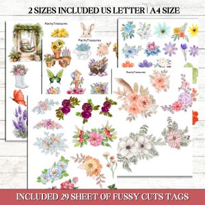 May include: Sheets of fussy cut tags featuring watercolor illustrations of flowers, butterflies, and garden elements. The text "2 SIZES INCLUDED US LETTER | A4 SIZE" and "INCLUDED 29 SHEET OF FUSSY CUTS TAGS" are visible. The brand name "RachyTreasures" is also visible.