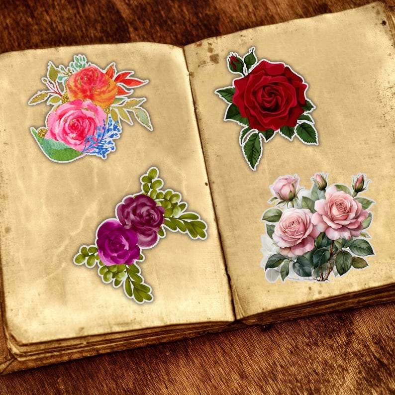 May include: Four floral stickers on an open book. The stickers feature roses in various colors: red, pink, and purple. The stickers have a white border and are set against a vintage-style paper background.