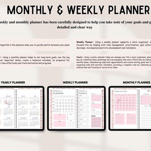 May include: A digital Monthly & Weekly Planner featuring three distinct views: a 2026 yearly calendar, a weekly planner layout for March, and a monthly planner page for February 2026. The interface includes pink accents, text boxes, and grid sections.